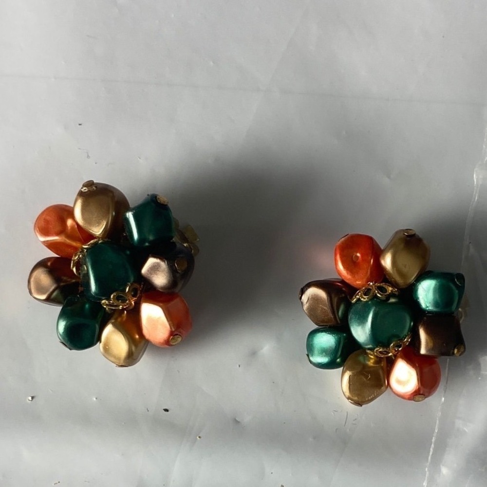 Vintage Mid Century Modern MCM Cluster Clip On Earrings Multicolor Faux Pearl